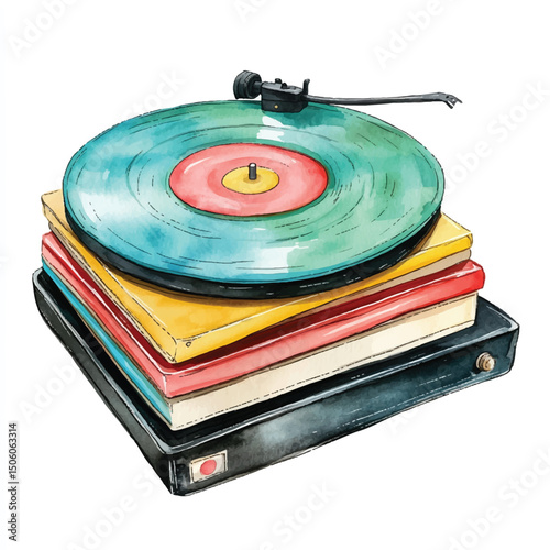 Cute cartoon watercolor A stack of vintage vinyl retro