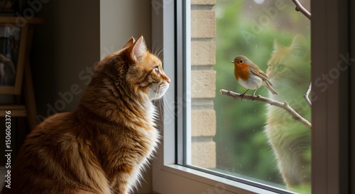Cat Near Window Intently Observing Bird Outside