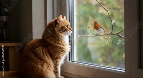 Cat Near Window Intently Observing Bird Outside