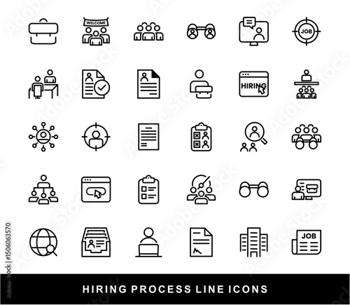 Hiring Process Line Icons. Recruitment, Job Application, Interview, Candidate Selection Vector Set	
