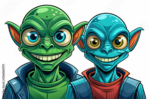 Two Alien extremely detailed vector and realistic high resolution illustration of an extraterrestrial being cartoon white isolated background