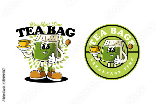 tea bag green tea retro cartoon character mascot illustration with standing pose, carrying tea cup and thumb up for herbal product, plantation, grocery, health food, cafes mascots and merchandise