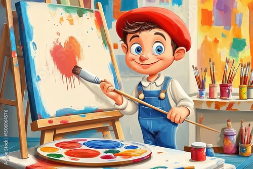 Young artist painting a vibrant artwork with a palette and brushes in studio