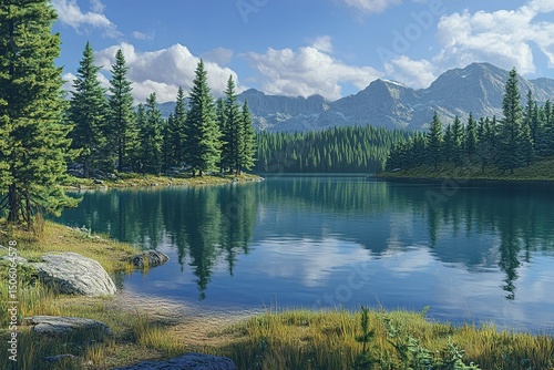 Majestic mountain lake surrounded by lush forest and vibrant natural scenery