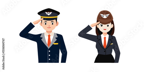 Pilot and flight attendant standing and saluting isolated on white background.Aviation Professionals Saluting - Pilots and Flight Attendant