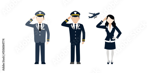 Pilot and flight attendant standing and saluting isolated on white background.Aviation Professionals Saluting - Pilots and Flight Attendant