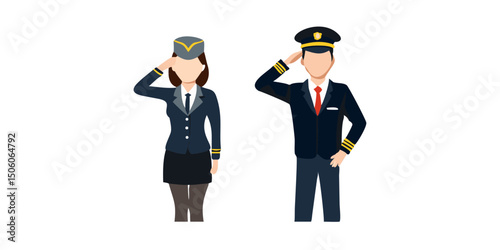 Pilot and flight attendant standing and saluting isolated on white background.Aviation Professionals Saluting - Pilots and Flight Attendant