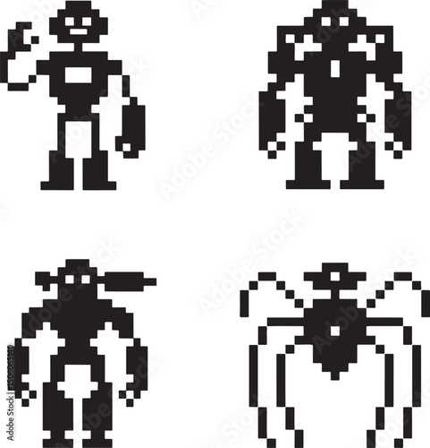 Pixel Robot silhouette set vector isolated On Transparent Background 