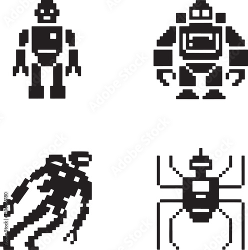 Pixel Robot silhouette set vector isolated On Transparent Background 