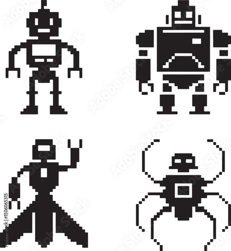 Pixel Robot silhouette set vector isolated On Transparent Background 