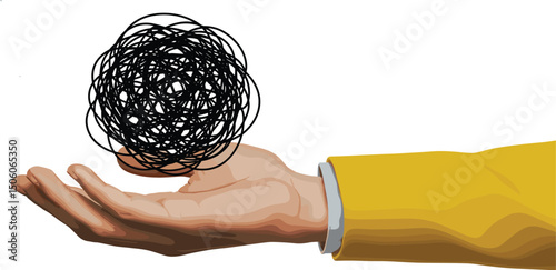 A hand holding tangled ball. Modern photo collage style.