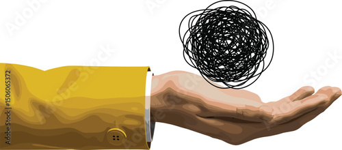 A hand holding tangled ball. Modern photo collage style.