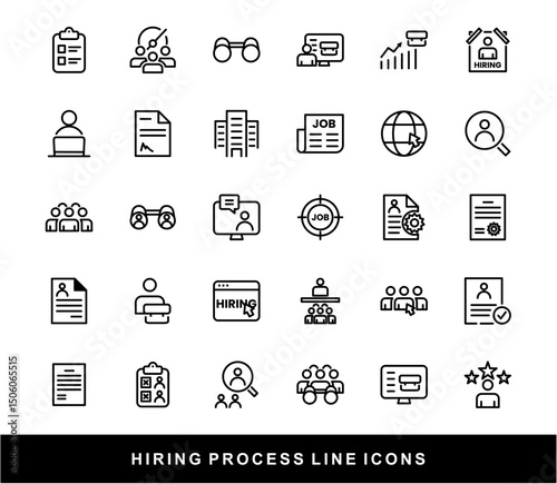 Hiring Process Line Icons. Recruitment, Job Application, Interview, Candidate Selection Vector Set	
