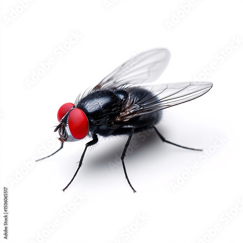Close-Up of a Black Fly with Striking Red Eyes on White Background