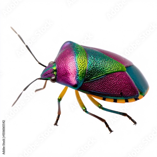Colorful metallic beetle with iridescent sheen on white background