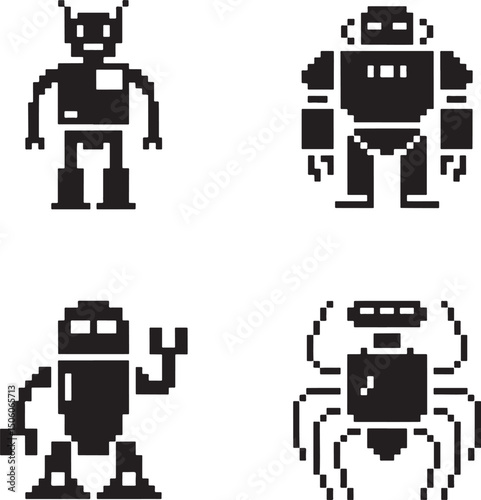 Pixel Robot silhouette set vector isolated On Transparent Background 