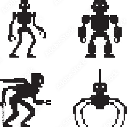 Pixel Robot silhouette set vector isolated On Transparent Background 