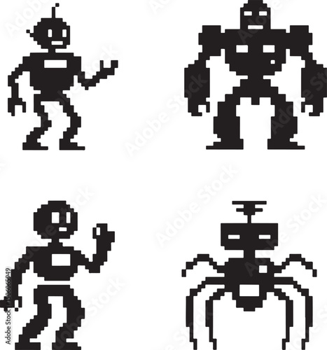 Pixel Robot silhouette set vector isolated On Transparent Background 