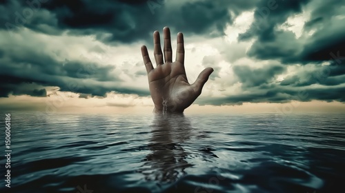 A lone hand reaches out from dark waters under a stormy sky, fading into shadow, evoking a haunting sense of despair and doom...