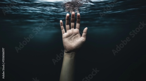 A lone hand reaches out from dark waters under a stormy sky, fading into shadow, evoking a haunting sense of despair and doom...