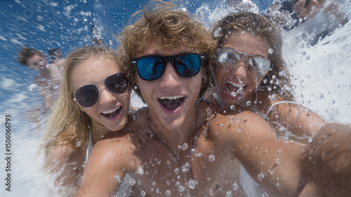 Wallpaper Mural Group of friends splashing in pool, bright sun, laughing faces, vibrant summer vibe Torontodigital.ca