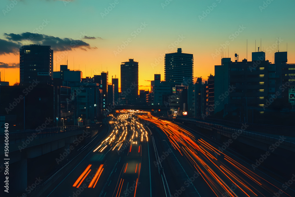 Obraz premium Sunset Freeway Traffic Jam, Cityscape, Commute