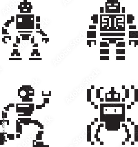 Pixel Robot silhouette set vector isolated On Transparent Background 