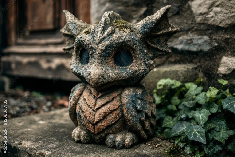 Fototapeta premium Stone Dragon Statue with Intricate Details and Mossy Texture Perfect for Fantasy and Garden Th