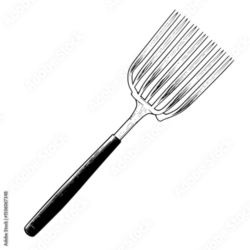 Garden tool icon set featuring a traditional pitchfork with a long handle for soil turning and aeration in outdoor gardening