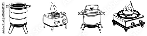 Icon set featuring various cooking appliances with a focus on design and functionality in kitchen settings