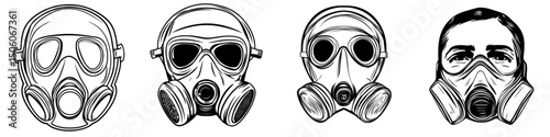 Collection of gas mask icons featuring various styles and designs suitable for safety and protective equipment representation