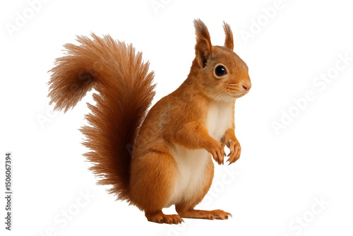 Red squirrel standing alert in profile view isolated on transparent background