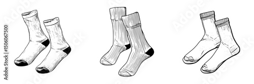 Icon set of various sock designs featuring different patterns and styles for apparel illustration purposes