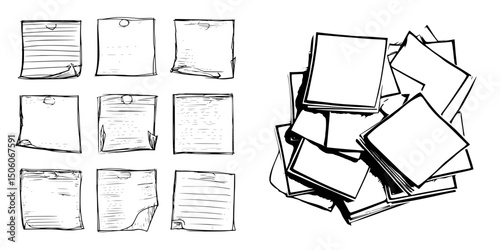 Icon set featuring various styles of sticky notes in different layouts and arrangements for creative projects and designs