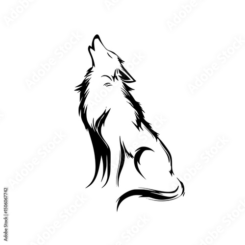 Wolf silhouette howling against a white background in a minimalistic artistic style