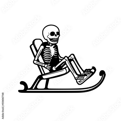 Skeleton sledding down a snowy hill during winter festivities in a playful, cartoonish style for a fun design element