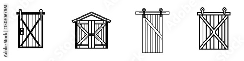 Collection of minimalist icon designs representing various barn door styles for digital applications