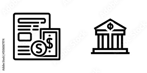 Icon set featuring financial documents and bank building symbols for monetary representation and transactions
