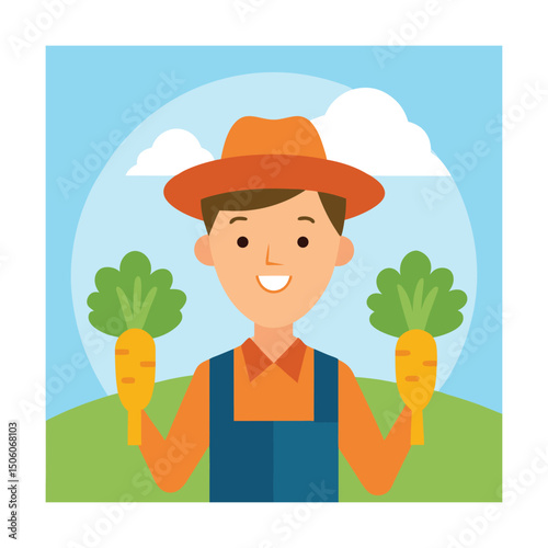 Happy Young Farmer Holding Freshly Harvested Carrots