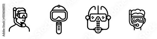 Icon set showcasing various diving and snorkeling equipment for aquatic exploration and underwater activities