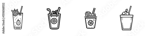 Refreshing drink icon set featuring various cocktail designs in minimalistic style