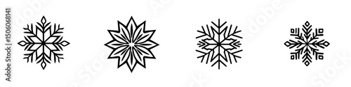 Intricate black snowflake icons showcasing diverse geometric patterns for seasonal designs