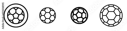 Icon set featuring various styles of soccer balls designed for digital applications and graphic design projects