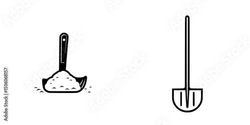 Icon set featuring a scooping tool and a digging implement designed for gardening and agricultural activities