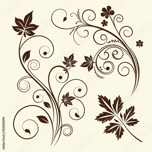 Abstract vector floral design element with ornate black plant leaf curls