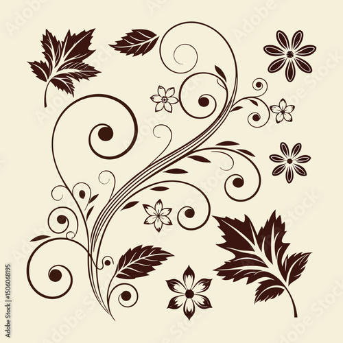 A suitable and easy-to-understand sentence for naming the image could be:
Abstract floral vector design with decorative elements and swirling patterns