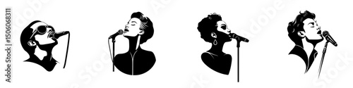 Icon set featuring diverse singers passionately performing with microphones in various styles and expressions