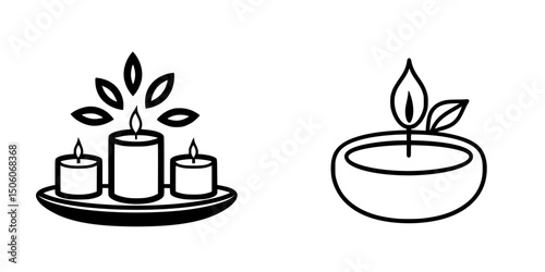 Set of decorative candle icons featuring multiple styles and arrangements with a natural theme and minimalist design
