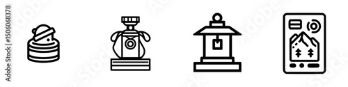 Collection of minimalistic icons depicting various objects including a dessert, perfume, lantern, and travel app