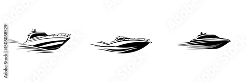 Collection of minimalist boat icons representing different perspectives and movements on the water